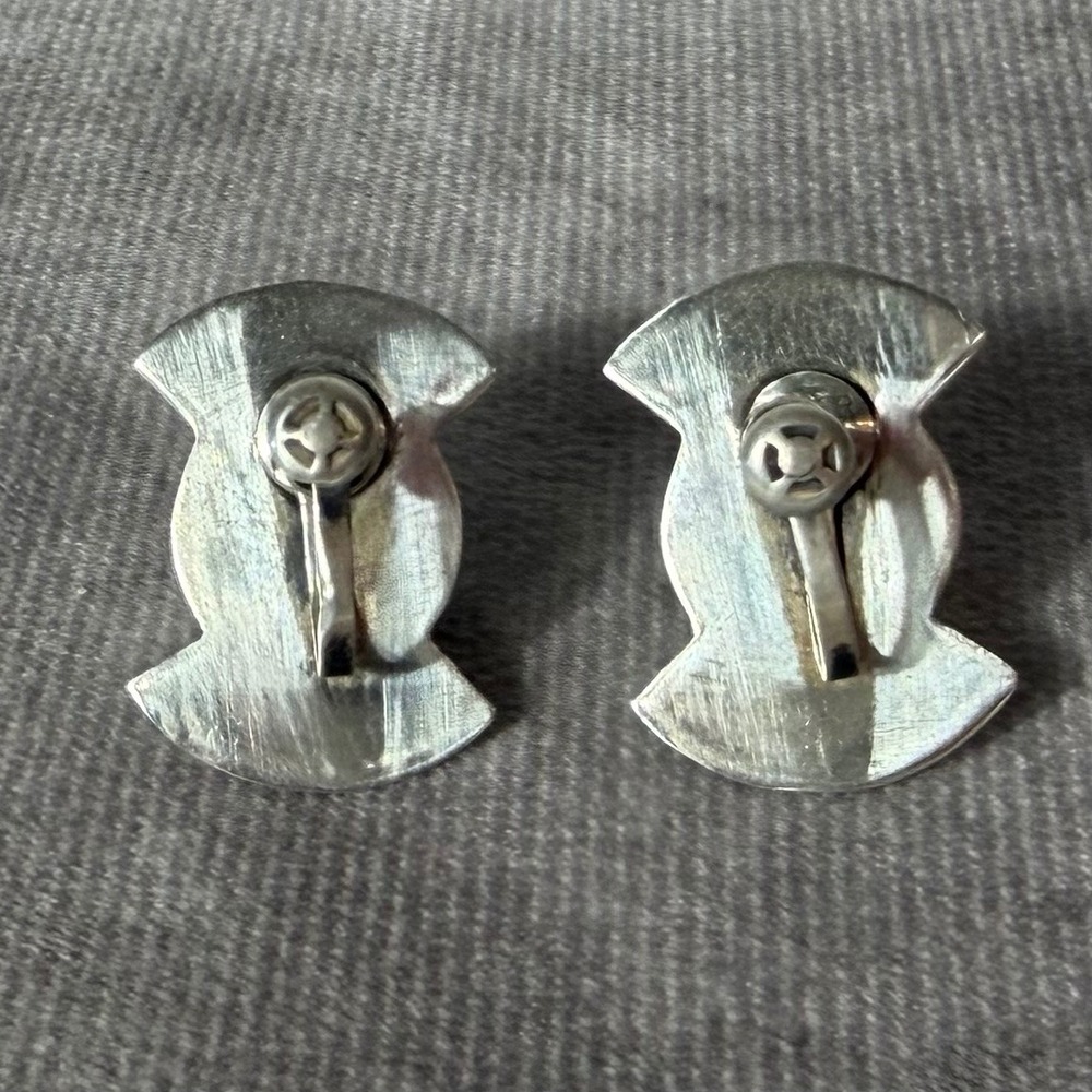 Vtg Mexico Silver Green Stone Cabochon Screw Back Earrings Mid Century Deco 11g - Picture 11 of 11